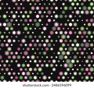 Vector background. Multicolored geometric elements of varied size. Bold rounded hexagons mosaic pattern with inner solid cells. Hexagon geometric shapes. Tileable pattern.