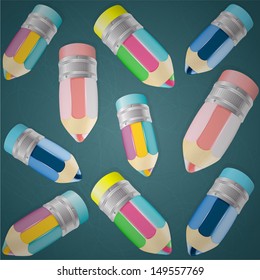 Vector background with multicolored pencils with eraser.