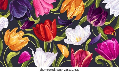 Vector background with multicolored tulip flowers. Highly detailed realistic hand-drawn inflorescences, petals, leaves for wallpapers, banners, social networks, personal blog, textile, clothing prints