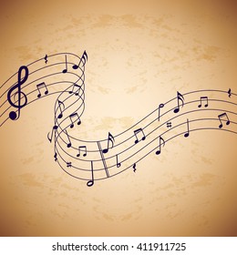 Vector background with music notes on old paper background.