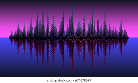 Vector background music wave circuit city cubes pink sky blue