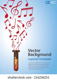 Vector Background - Musical notes coming out of a Test Tube. Creative Concept for showing love for music, music festival, Innovation, Invention, and many other ideas