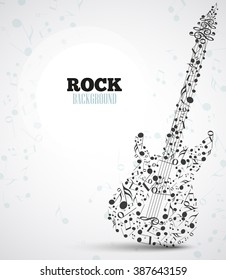 Vector background musical notes in the shape of an electric guitar