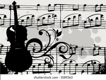 vector background with musical objects and floral ornament