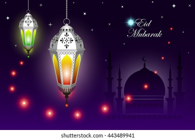 Vector background of the Muslim holy Ramadan, a lanterns and a mosque. Illustration as a template for greeting cards, wallpapers, invitations, backdrops.