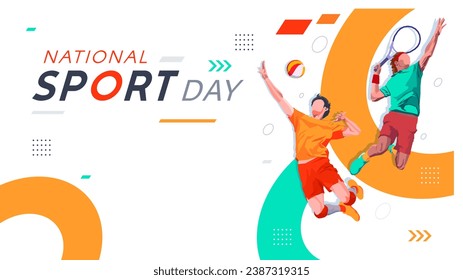 vector background, National Sports Day Celebration. featuring volleyball and tennis athletes in front of sports-themed backdrops. Design with the concept of national sports celebration