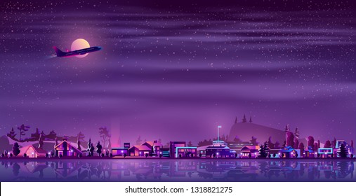 Vector background with neon fisher village at night. Ultraviolet light, illuminated huts,houses in rustic style. Building near of water, lake or river. Full moon with flying plane over the countryside