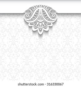 Vector background in neutral color, elegant greeting card, wedding invitation or announcement template with lace decoration on white pattern, eps10
