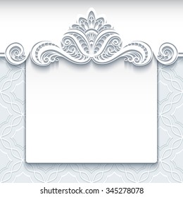 Vector background in neutral color, elegant save the date card or wedding invitation template with white lace decorative pattern, eps10