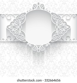 Vector background in neutral color, greeting card, wedding invitation or announcement template with paper lace decoration on white pattern, eps10