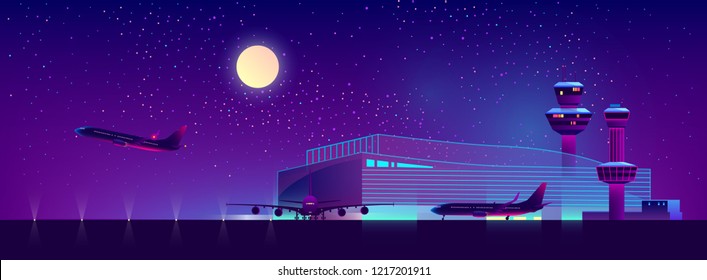 Vector background of night airport with takeoff of the plane in ultraviolet colors. Terminal, control room in bright neon lights, modern illumination. Night sky, landscape with hangar, building.