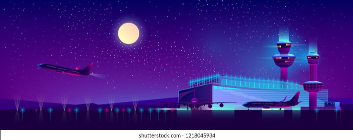 Vector Background Of Night Airport With Takeoff Of The Plane In Ultraviolet Colors. Terminal, Control Room In Bright Neon Lights, Modern Illumination. Night Sky, Landscape With Hangar, Building.