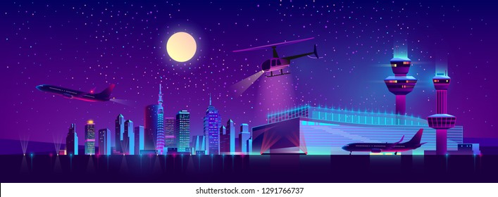 Fondo vectorial del aeropuerto nocturno con despegue del avión y aterrizaje de un helicóptero. Terminal, sala de control con luces de neón brillantes, iluminación moderna. Cielo nocturno, paisaje con hangar, edificio.