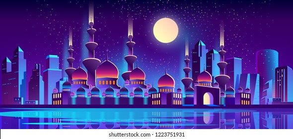 Vector background with night city illuminated with neon glowing lights. Muslim culture, Arabic or Turkish urban concept. Cityscape with big mosque and minarets, modern buildings, high skyscrapers