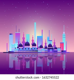 Vector background with night city illuminated with neon glowing lights. Muslim culture, Arabic or Turkish urban concept. Cityscape with big mosque and minarets, modern buildings, high skyscrapers.
