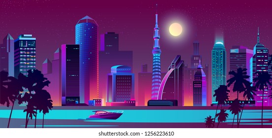 Fondo vectorial con ciudad nocturna en neón, colores ultravioleta con barco en el agua. Un río brillante con barca y luna llena sobre edificios. Rascacielos con palmeras, concepto urbano. El telón de fondo de la megalópolis moderna.