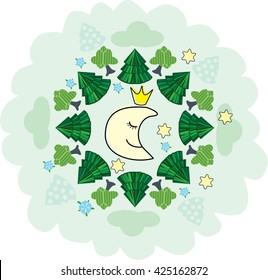 Vector background with night forest, sleeping smiling moon and star. Childish card 