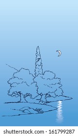 Vector background with night landscape. The trees above the river, which reflects the moonlit path of the crescent