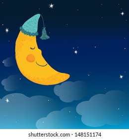 Vector background with night sky and sleeping smiling moon in the nightcap.