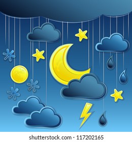 vector background of night weather: moon and  star, storm clouds, rain, snow and lightning