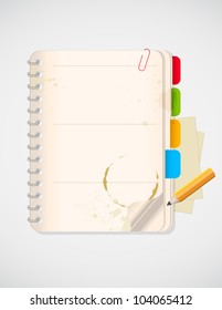 Vector background with notebook and yellow pencil