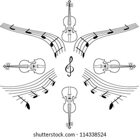 Vector background with a number of musical treble clef and violin isolated on white