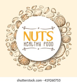 Vector background with nuts arranged in a circle. Vector  illustration for your design