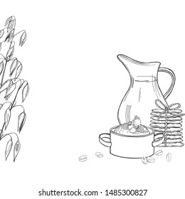 Vector background with oatmeal porridge and cookies. Hand drawn sketch illustration