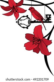 vector background with old key, bird and lily in black and red