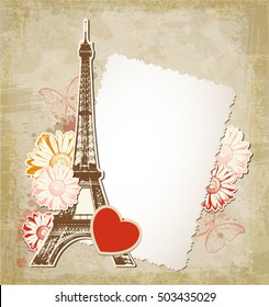 Vector background with old paper frame and  Eiffel tower. Vintage travel background.