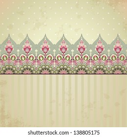 Vector background. Old paper, polka dots, strips and vintage oriental border.