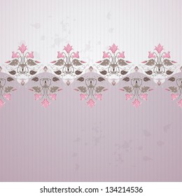 Vector background. Old paper, strips, blotches and vintage border in modern style. Decorative ornament of cyclamen plants and cicadas.