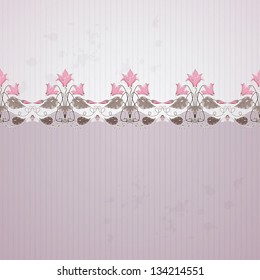 Vector background. Old paper, strips, blotches and vintage border in modern style. Decorative ornament of cyclamen plants and cicadas.