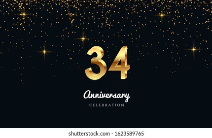 Vector background on a 34-year celebration by using two colors in the design between gold and red, Golden number 34 with Realistic 3d sign. for Birthday or wedding party
