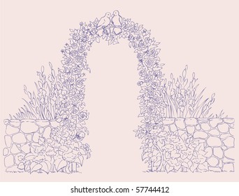 Vector background. On the arch of the weave roses housed couple of pigeons