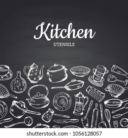 Vector background on black chalkboard illustration with kitchen utensils and place for text. Banner or vintage poster for restaurant