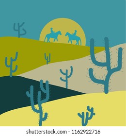 Vector background on blue, green and neutral. Cute cactus and hand drawn textures. Perfect for fabric, textile.