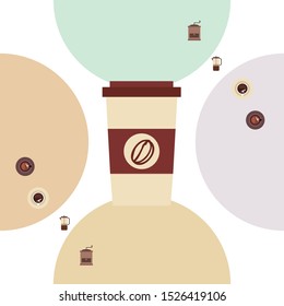 Vector background on a coffee theme. A cup of fresh coffee, Coffee grinder French press for brewing.