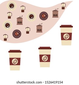 Vector background on a coffee theme. A cup of fresh coffee, Coffee grinder French press for brewing.