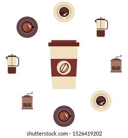 Vector background on a coffee theme. A cup of fresh coffee, Coffee grinder French press for brewing.