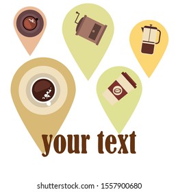 Vector background on a coffee theme. A cup of fresh coffee, Coffee grinder, French press for brewing