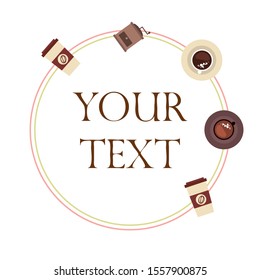 Vector background on a coffee theme. A cup of fresh coffee, Coffee grinder, French press for brewing