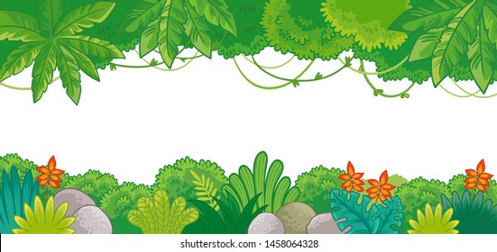 Vector Background On Jungle Theme In Cartoon Style. Illustration With Plants On A White Background.