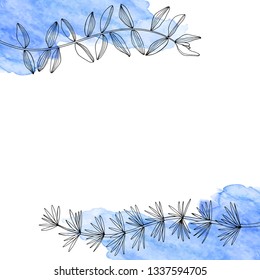 Vector background on the marine theme with hand-drawn underwater plants and  blue watercolor elements.  Illustration with algae and space for text, can be used creating card or invitation card. 