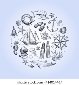 Vector background on the marine theme , a collection of sketches are arranged in a circle