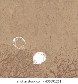 Vector background on the marine theme with underwater plants and fishes on the kraft paper.