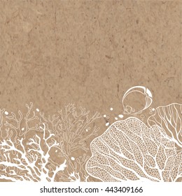 Vector background on the marine theme with underwater plants and fish on the kraft paper.