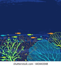 Vector background on the marine theme with underwater plants and fishes.