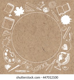 Vector background on a school theme. Illustration with a round frame for your text on kraft paper.