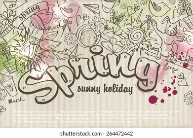 Vector background on a spring theme of doodles and watercolor stains